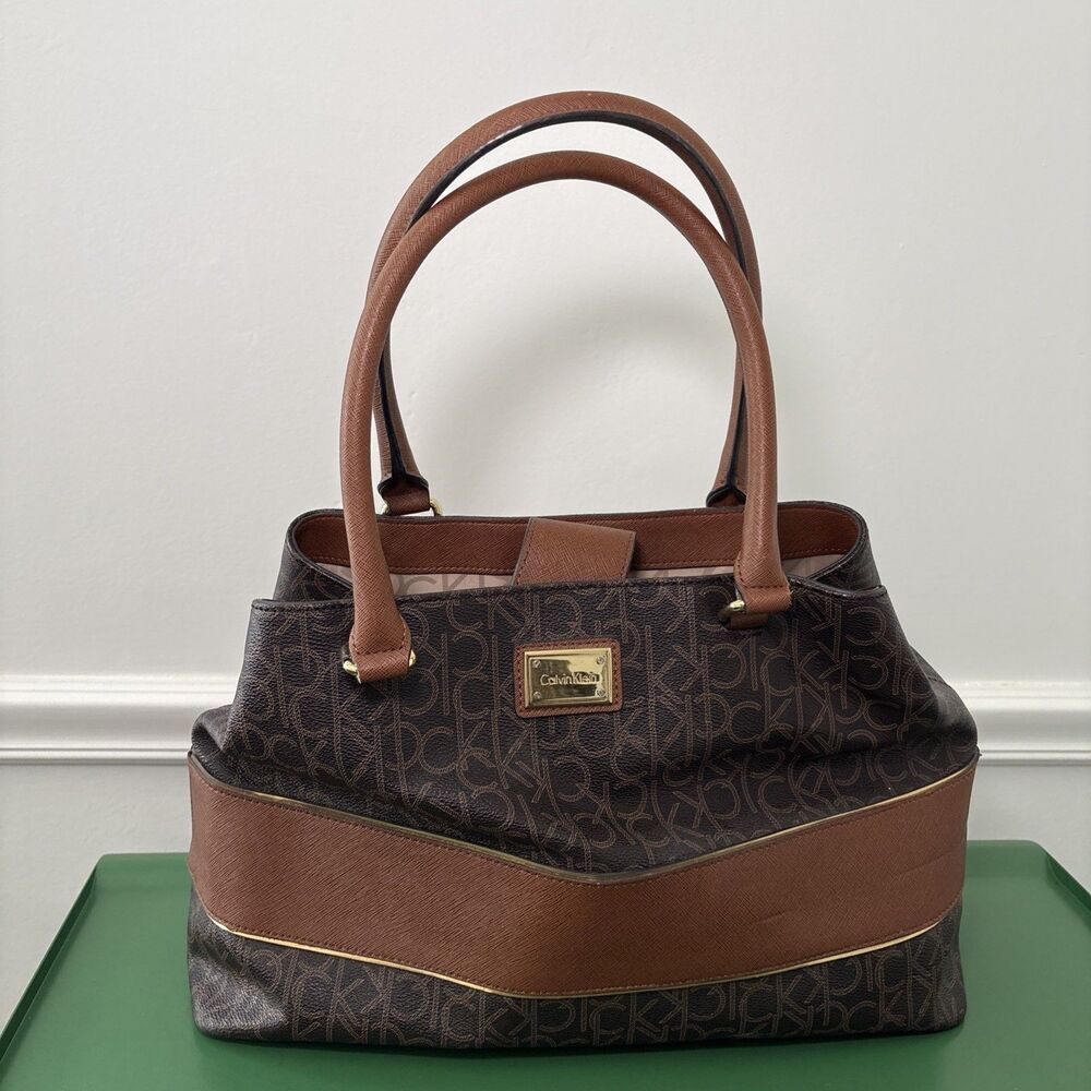 Calvin Klein Brown Printed Bag Medium Satchel Bag Handbag Purse